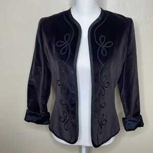 VINTAGE College Town Brown Velvet Blazer Black Brocade Trim Open Front 9/10